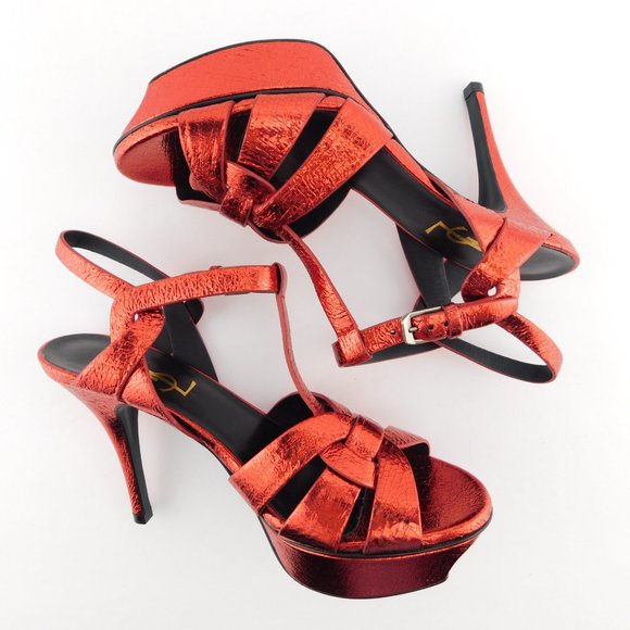 New YSL SAINT LAURENT Red Metallic Shimmer Leather T-Strap Heel Sandals 36 - Picture 5 of 9